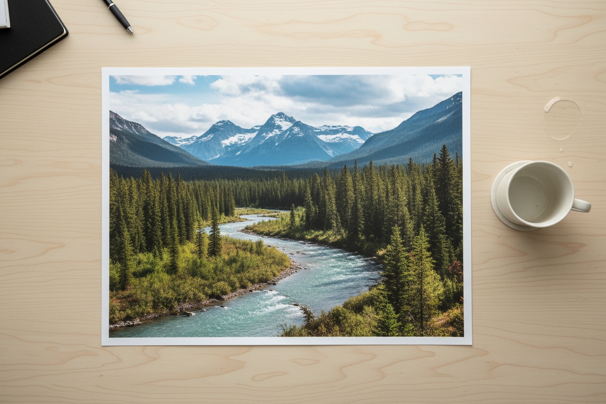 a 13x19 picture on a desk with a top down view. put a coffee mug next to it for size reference