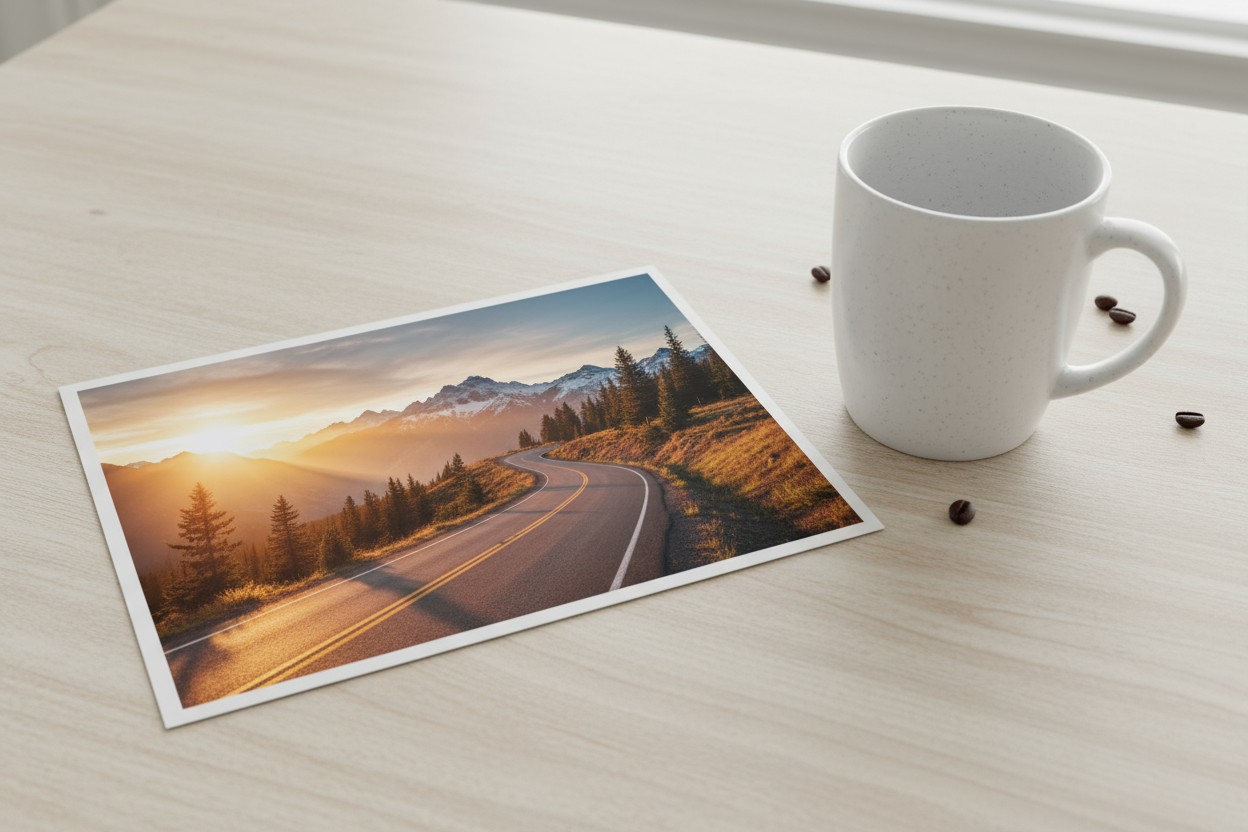 a 5x7 photo with a coffee mug next to it for size reference